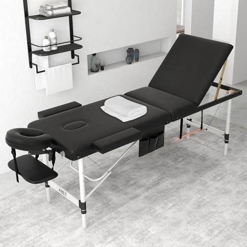 ABET Massage Table, 3 Fold Portable Professional Lash Tattoo Spa Bed, Height Adjustable 23.5" Wide Compact Facial Table with Detachable Oil Pocket Towel Rod Face Cradle Armrest, Aluminum Feet & Black