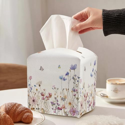 Tissue Box Cover - Wildflowers and Butterflies PU Leather Tissue Box Holder with Elastic Bottom Strap,5.2x5.2Inch Tissue Box Decor for Bathroom Countertop, Nightstand, Office Desk, Bedroom (Butterfly)