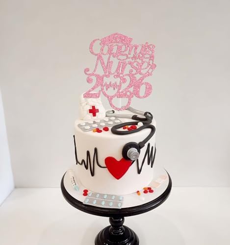 Congrats Nurse 2026 Cake Topper, Future RN/BSN/NP/LPN, Nursing School Grauation Party Decorations Supplies, Pink Glitter