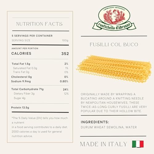 Rustichella d'Abruzzo Fusilli col Buco 17.6oz (Pack of 2)- Classic Authentic Italian Long Curly Pasta - Perfect for Tomato or Olive Oil Sauces
