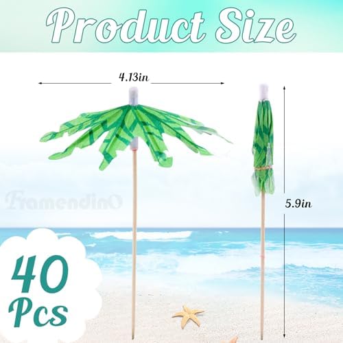 Framendino, 40 Pack Tropical Coconut Palm Tree Toothpicks Parasol Sticks Green Paper Umbrellas Picks Bamboo Toothpick for Drinks Cocktail Cupcake Toppers Fruit Ice Cream Hawaii Pool Party Decorations