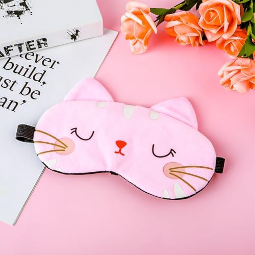 WLLHYF Cute Sleeping Eye Mask Soft Plush Cartoon Cat Blindfold Comfortable Animal Eye Cover Funny Novelty Sleeping Eye Shade for Women Men Kids Travel Nap Sleeping(Pink)