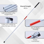 Foldable White Cane(Blind Cane) with Red Reflective Strip, 49 Inch Lightweight Walking Stick for Vision Impaired, Anti-Slip Handle for Daily & Travel Use