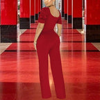 PaladMom Womens Elegant Plus Size Jumpsuits Sexy Back zipper Short Sleeve Mid Waist Wide Leg Straight Rompers