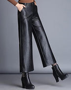 Lucrosun Women's Elastic High Waist Wide Leg Faux Leather Pants Palazoo Trousers