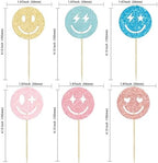 Gyufise 24Pcs Preppy Smile Face Cupcake Toppers Glitter Star Lightning Y2k 2000s Pink Party Bachelorette Cupcake Picks for Preppy Y2k Theme Bachelorette Birthday Party Supplies Colorful 1