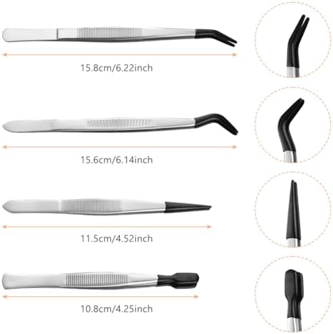 Ainiv 4pcs Tweezers with Rubber Tips, PVC Coated Tweezers Set, Rubber Straight/Flat/Long Curved Tips Non Marring Tweezers for Jewelry Crystals Bead, Crafts Making, Lab Stainless Steel Tweezer Tool
