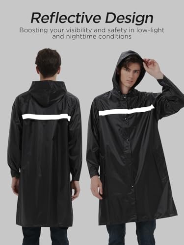 Mens Long Safety Rain Coats with Air Vents Reflective Stripes Waterproof Packable Rain Jacket with Hood Lightweight