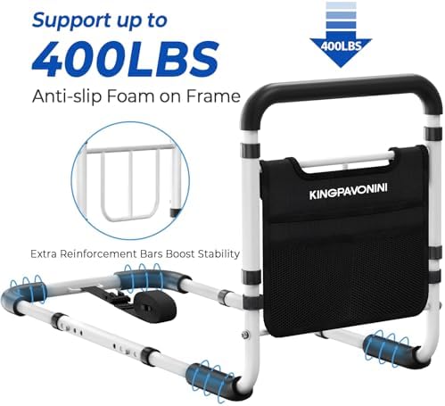 Bed Rails for Elderly Adults Safety - 2026 Upgrade - ASTM Compliant, Adjustable Bed Cane with Non-Slip Ergonomic Handle & Storage Pocket, Bed Railings for Seniors Load 400 LBS, Tool-Free Assembly