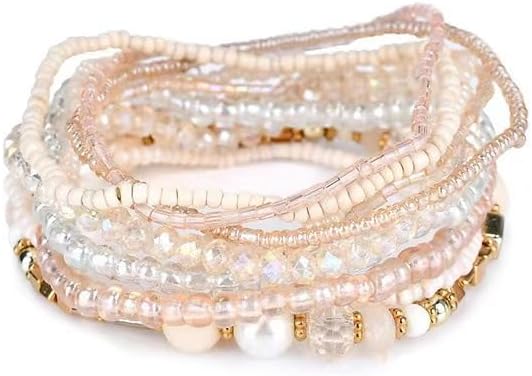 Handmade Bohemian Stacked Bead Elastic Bracelet Set Crystal Pearl Bead Multi-Layer Ccolor Mix Boho Bracelet Jewelry for Women