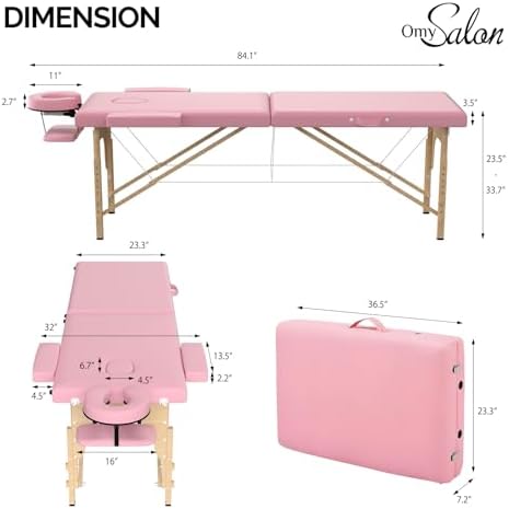 OmySalon Massage Table Portable Massage Bed, 84" x 24" 2-Fold Salon SPA Tattoo Bed Lash Table Height Adjustable with Carrying Bag, Face Cradle & Wooden Frame, Pink