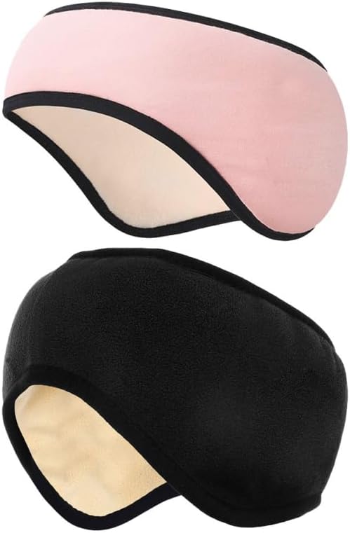 2 Pcs Sleep Eye Mask and Headband 2 in 1, Soft Fleece Ear Muffs for Sleeping, Side Sleeper Friendly, Adjustable Blackout Blindfold for Meditation, Yoga, Travel (Pink+Black)