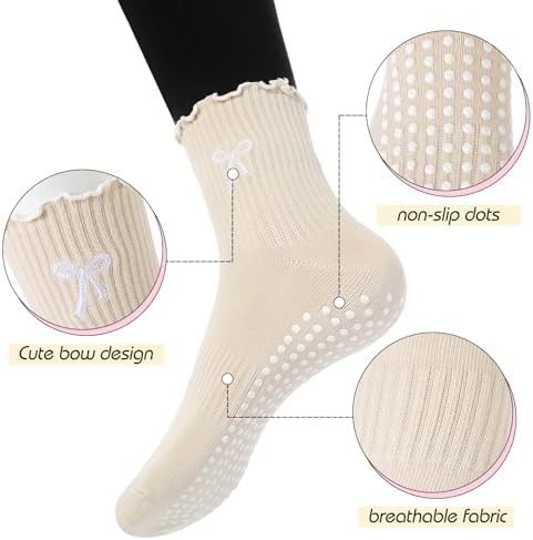 Jeyiour 4 Pairs Cute Pilates Grip Socks for Women, Ruffle Non Slip Crew Grippy Yoga Socks with Bow for Gym Ballet Barefoot