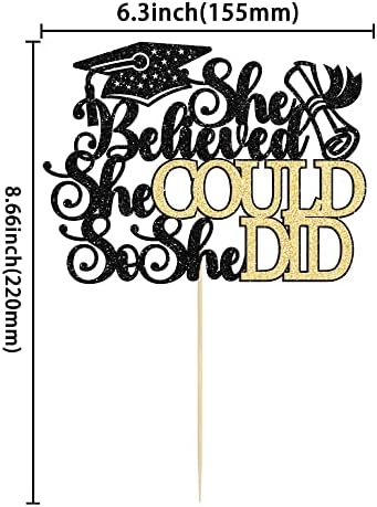 1Pc She Believed She Could So She Did Cake Topper with Glitter Grad Cap Cake Pick Class of 2026 Senior Graduation Cake Decoration for 2026 Graduation Theme Party Decorations Supplies Black Gold