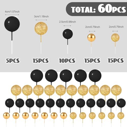 60Pcs Glitter Cake Balls Decorations Foam Cake Topper Balls Mini Balloon Cupcake Toppers for Cake Decorating Birthday Baby Shower Party (Glitter Black Gold)