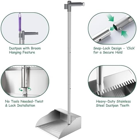 Metal Dust Pans with Long Handle,Heavy Duty Dust Pan with Handle,Upright Stand Up Dustpan with Dust Pan Teeth to Clean Hair for Home Kitchen Office Lobby Floor Garden
