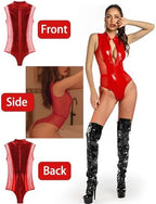 Leather Bodysuit Sexy One Piece Swimsuits Shiny PVC Jumpsuits Zip Up Leotard Sheer Teddy Outfit Lingerie Clubwear