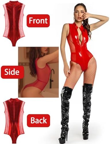 Leather Bodysuit Sexy One Piece Swimsuits Shiny PVC Jumpsuits Zip Up Leotard Sheer Teddy Outfit Lingerie Clubwear