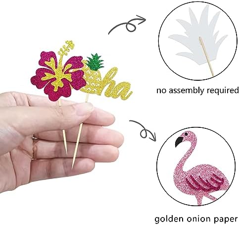 24Pcs Tropical Cupcake Toppers, Luau Cake Topper Aloha Cupcake Picks Pineapple Flamingo Cupcake Decorations for Hawaiian Luau Theme Baby Shower Birthday Party Supplies (Aloha B)