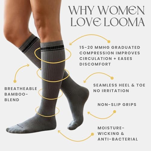 LOOMA Viscose from Bamboo Compression Socks for Women; 15-20mmHg Relief for Swelling, Travel, Nursing & Pregnancy; No-Slip
