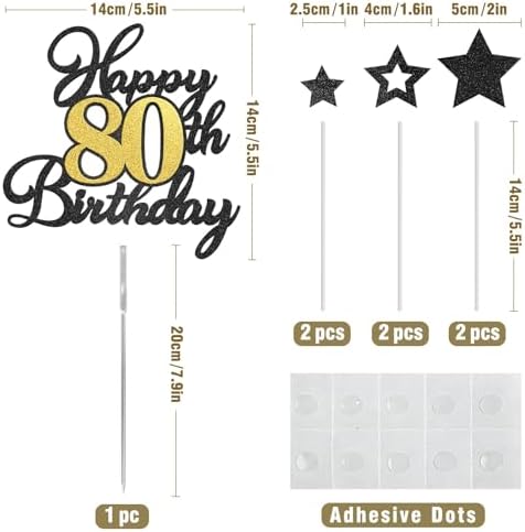 Happy 80th Birthday Cake Toppers, Black Gold Glitter Cake Decorations Set, 80th Birthday Decor for Men Women, Birthday Anniversary Party Decorations Supplies