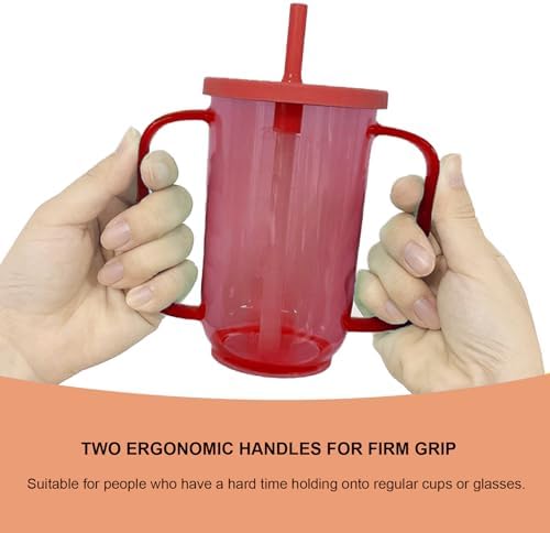Qancesd Adult Sippy Cup for Elderly 12oz No Spill Cups for Adults 2 Handles Dysphagia Cups with Straw for Disabled Patients, Red