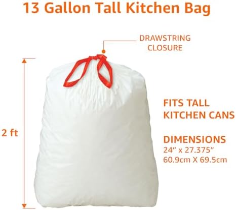 Amazon Basics 13 Gallon Tall Kitchen Drawstring Trash Bags, Clean Fresh Scent, 10% Post Consumer Recycled Material, 80 Count