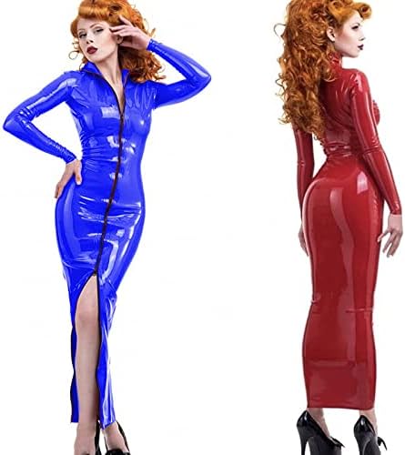 QJZM Women HIgh Street Latex Dress Leather Long Sleeve half high collar Zip Bodycon Long Dress Party Night Club Costume Dress