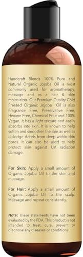 Handcraft Blends USDA Organic Jojoba Oil | Cold-Pressed | 8 Fl Oz | 100% Pure & Natural | for Hair, Skin & Face | Premium Grade Carrier Oil | for Massage & Aromatherapy | Hexane-Free