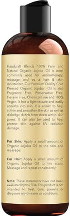 Handcraft Blends USDA Organic Jojoba Oil | Cold-Pressed | 8 Fl Oz | 100% Pure & Natural | for Hair, Skin & Face | Premium Grade Carrier Oil | for Massage & Aromatherapy | Hexane-Free