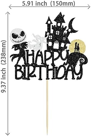 1Pc Halloween Happy Birthday Cake Topper Glitter Jack and Sally Pumpkin Bat Castle Ghost Halloween Cake Pick for Birthday Party Cake Decorations Supplies