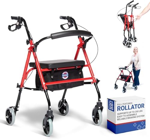 Arrigo Rollator Walker with Large Cushioned Seat – Folding 4-Wheel Steel Rolling Walker with Brakes, Soft Backrest & Zippered Storage – Smooth Ride, Adjustable Height, Supports up to 350 lbs
