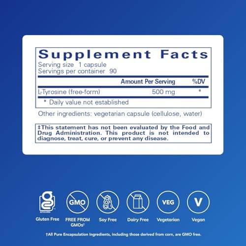 Pure Encapsulations L-Tyrosine - Amino Acid Supplement - for Brain Support, Dopamine & Thyroid Function* - Vegan & Non-GMO - 90 Capsules