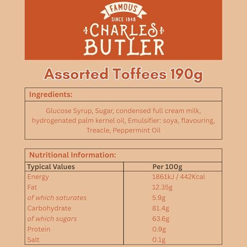 Charles Butler Assorted Toffees 190g (6.7oz) | Assortment of Handmade Old Fashioned English Toffee Candy Individually Wrapped | Creamy & Chewy Caramels Gift Box | British Sweets from England