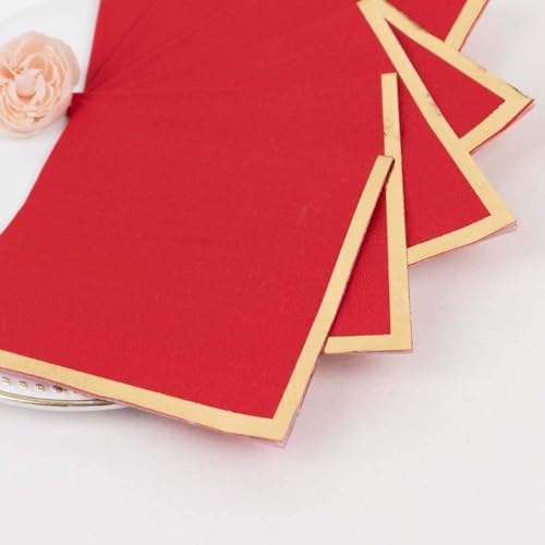 100 Count Red 2-Ply Paper Beverage Napkins with Gold Foil Edge, Soft Disposable Cocktail Napkins 18 GSM - 5"x5"