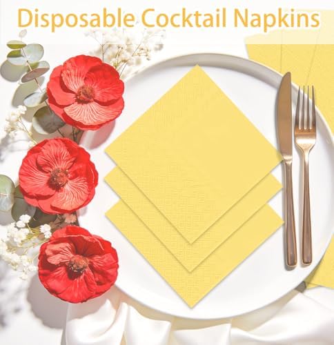 SietDESEO 50 Pieces Yellow Napkins Disposable 3-Ply Yellow Cocktail Napkins Paper Dinner Napkins for Birthday Baby Shower Wedding Party Beverage Napkin