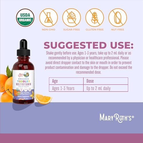 MaryRuth's Toddler Multivitamin | Vitamin A C D E B6 B12 Zinc | Healthy Growth Support | Immunity | Bone Health | Cognitive Function | Organic | Sugar Free | Vegan | Non-GMO | 2 Fl Oz | 30 Day Supply