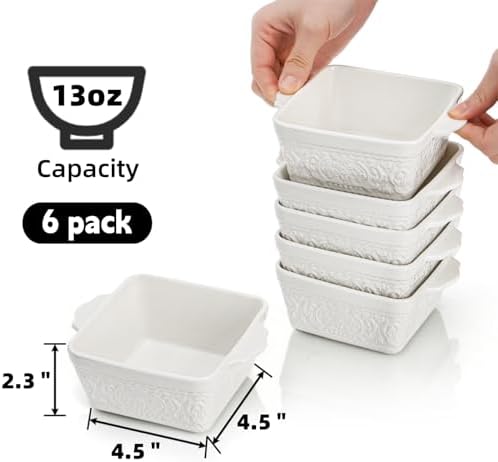 6 Pack 13 OZ Ceramic Baking Dishes, 4.5" Mini Square Bakeware Set, Small Baking Pan with Handle, Individual Casserole Dish for Oven, Roasting, Lasagna, Pie, Gratin, Microwave Safe, White