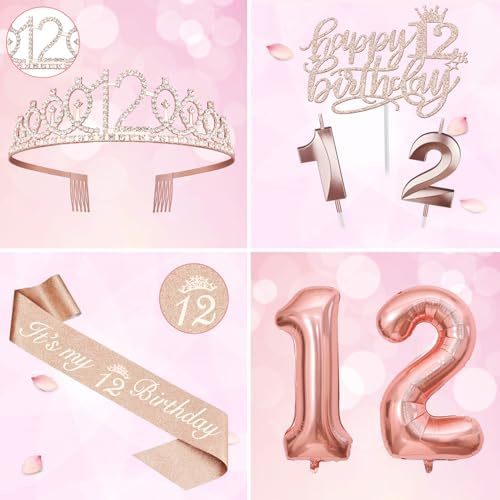 12th Birthday Decorations for Girls, Including 12th Birthday Sash and Tiara, Cake Topper and Candles, Number Balloons, 12 Year Old Gifts for Girls