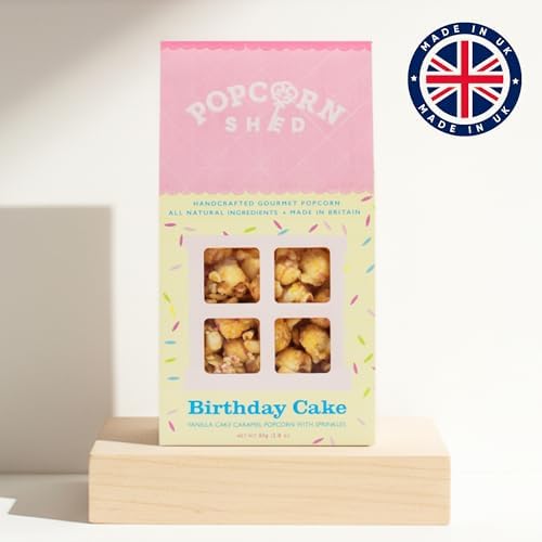 Popcorn Shed, Yellow 3 x Birthday Cake Gourmet Popcorn Sheds, Vanilla Cake Caramel Flavoured Popcorn with White Chocolate and Sprinkles 3 x 80g, Popcorn Gift