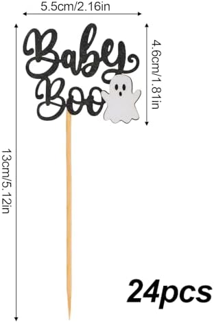 24pcs Baby Boo Cupcake Toppers, Glitter Ghost Cake Picks for Halloween & Baby Shower Decorations, Gender Reveal, Birthday Party Supplies
