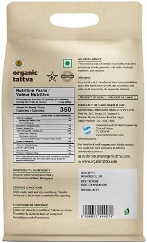 Organic Tattva Sonamasuri Rice (10 lbs) - Organic Short Grain Rice - No Additive - Vegan - Kosher - Non GMO - Gluten Free - USDA Certified