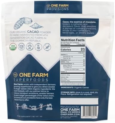 One Farm by WAAYB Organic Cacao, Single Estate, Non-GMO, Fair-Trade, Vegan, Gluten Free, 100% Raw Rizek Cacao in Resealable Bag for Cooking, Smoothies, Lattes & Baking (1 lb, Powder)