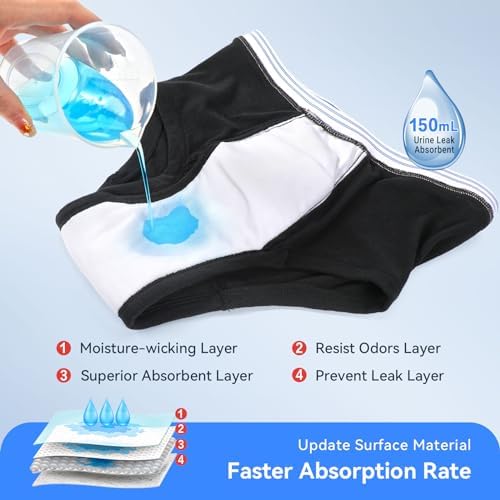 Carer Mens Incontinence Underwear Washable 3 Pack Cotton Reusable Incontinence Boxers Briefs for Men Built in Cotton Pad for Bladder Leakage 150ML, X-Large