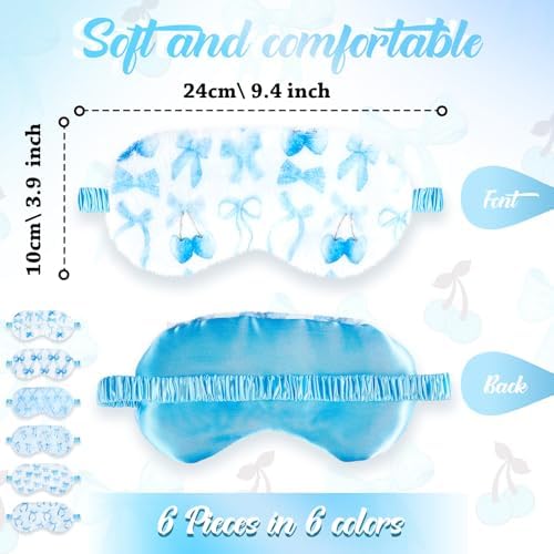 Cuffbow 6 Pack Plush Sleep Mask Set, Cute Plush Eye Masks for Sleeping, Soft Comfortable Travel Nap Blindfold, Sleepover Party Favors for Women(Bow,Blue)