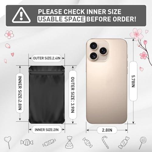 Funfery 100 Pack Black Mylar Packaging Bags Resealable Bags Double Sided Color Odor Proof Pouch Baggies Smell Proof Foil Bag for Food Storage,Small Business(Black,2.4x3.9inch)
