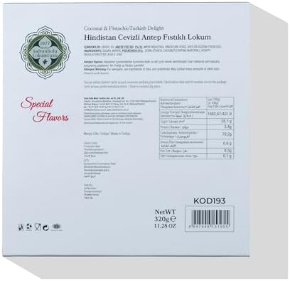 Meşhur Safranbolu Lokumcusu Turkish Delight Pistachios: Gourmet Candy & -Snack Lovers, Turkish Delight Candy Gift Box, Covered in Coconut (11.3 oz)