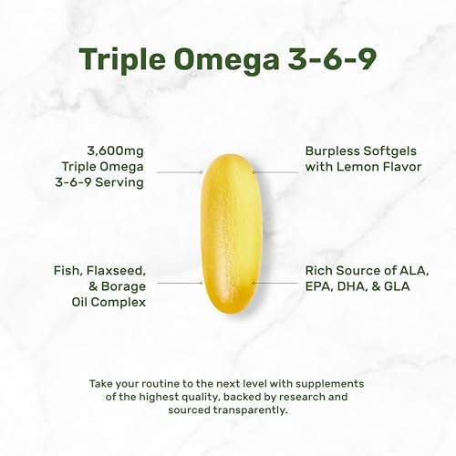 Triple Omega 3-6-9 Fish Oil Supplements 3,600mg – 240 Softgels with Flaxseed Oil & Borage Oils Complex – High EPA + DHA – Burpless Pills, Lemon Flavored, Wild Caught – Heart, Joint, & Brain Support
