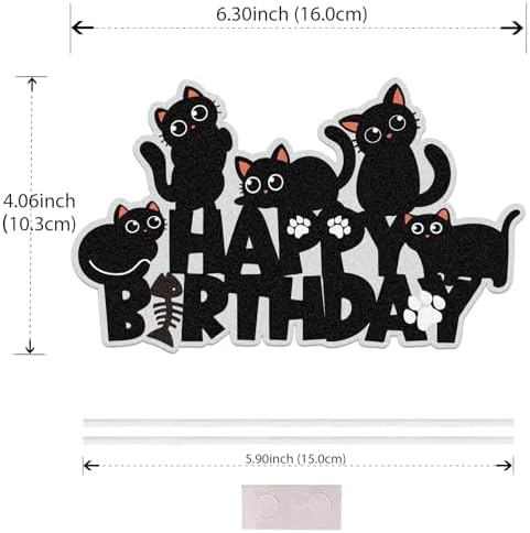 Cute Black Cat Happy Birthday Cake Toppers for Boys Girls Kids, Pet Baby Shower Kitten Meow Party Supplies Favor Glitter Black Cat Themed Birthday Cat Lover Kitten Theme Party Decorations