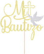 Mi Bautizo Cake Topper Cross First Holy Communion Baptism Cake Pick Religious God Bless Baptism Cake Decoration for Baby Shower Birthday Party Supplies Decorations Gold Glitter
